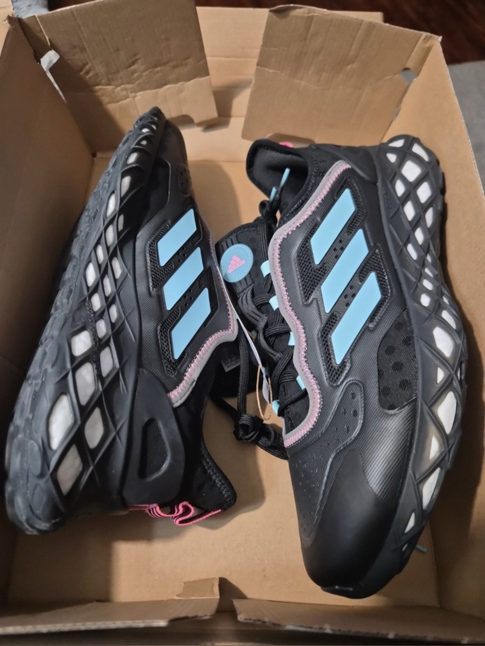 adidas Black Sneakers with Light Blue Stripes and Pink Trim